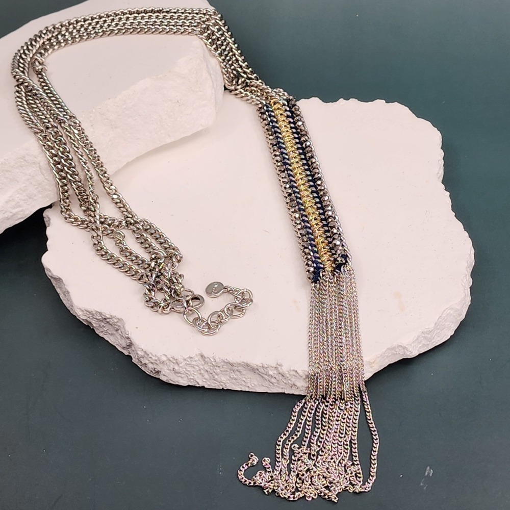 Stella & Dot Silver Tone Multi Chain Tassel Necklace Beaded Woven Statement Bib